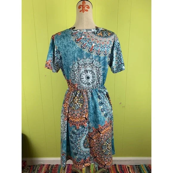 Women Dress Sz L Large Short Sleeve Pleated Pockets Stretch Elastic Waist Casual - Picture 3 of 12